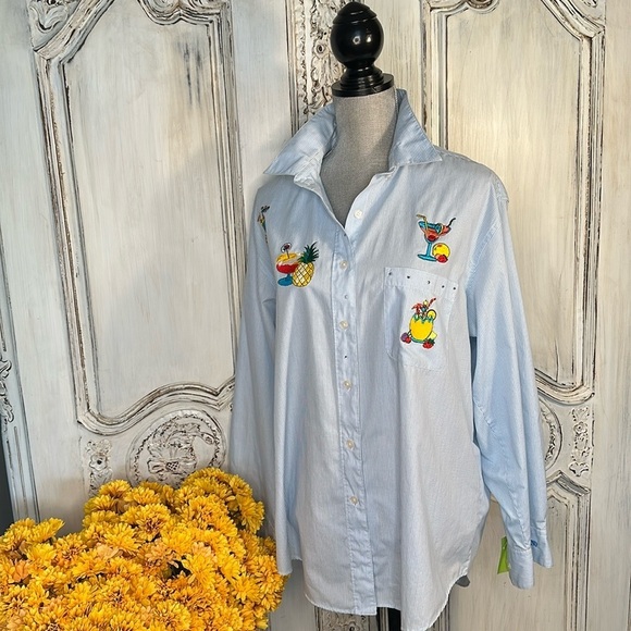 Vintage Get Lucky Pinstripe and Embroidered Drink Appliqué Button Down Top S/L - Picture 1 of 13